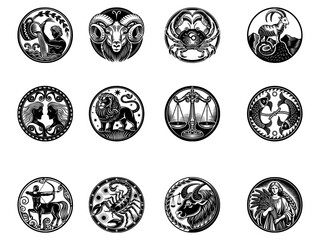 collection of black silhouette of zodiac signs for tattoo on a transparent background.