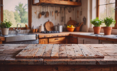 Poster - Wooden countertop with a wooden table top. There are potted plants on the countertop