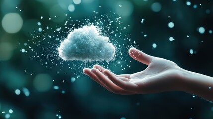 Poster - A hand reaching out to touch a holographic cloud icon, illustrating the intangible nature of cloud based data storage.