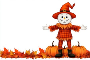 Poster - A flat design of a scarecrow surrounded by pumpkins and fallen leaves, set against a white canvas