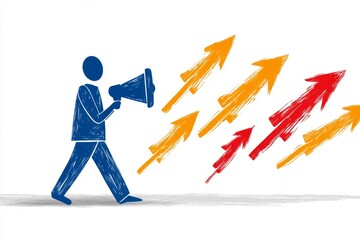 Aufkleber - A flat, playful depiction of a person holding a megaphone with attention arrows radiating out, on a clean white background