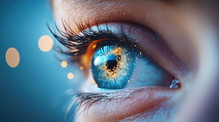 Poster - A close up shot of a human eye looking directly at a camera lens that has digital overlays representing artificial intelligence.