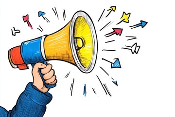 Aufkleber - A flat, playful depiction of a person holding a megaphone with attention arrows radiating out, on a clean white background