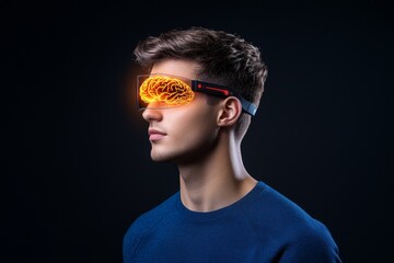 Poster - A futuristic attention-tracking device glowing on a user forehead, with a holographic display showing brain activity
