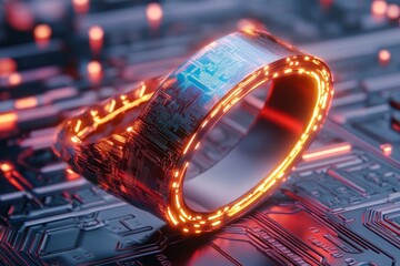 Poster - A futuristic award ribbon glowing with neon edges and holographic textures, displayed on a high-tech background