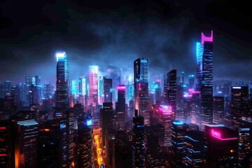 Poster - A futuristic city illuminated by glowing skyscrapers and flying vehicles, with an awesome star-filled sky above