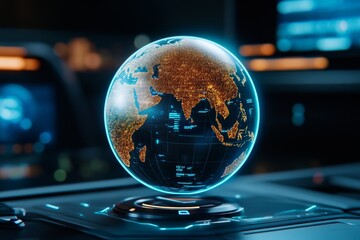 Poster - A futuristic globe with holographic projections showing its axis and real-time data streaming in a dark high-tech room