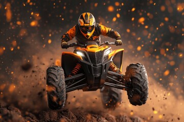 Poster - A highly detailed 3D rendering of an ATV mid-jump over a dirt ramp, with realistic textures and dynamic lighting