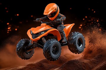 Poster - A highly detailed 3D rendering of an ATV mid-jump over a dirt ramp, with realistic textures and dynamic lighting
