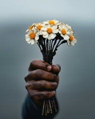 Wall Mural - Dark Hand Holding a Bouquet of White Daisies