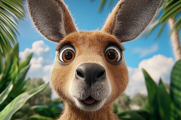 Poster - A hyper-realistic close-up of a kangaroo in its natural habitat, showing every detail of its fur, eyes, and surrounding foliage