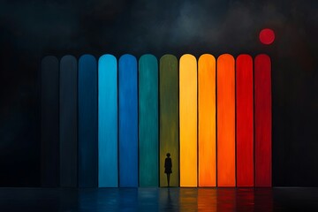Wall Mural - Silhouette Figure before Spectrum-Colored Vertical Panels
