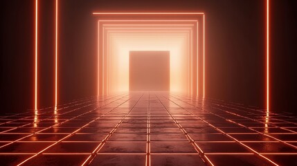 Fototapete - Illuminated tunnel journey digital realm 3d visualization neon environment futuristic viewpoint art concept for immersive experience
