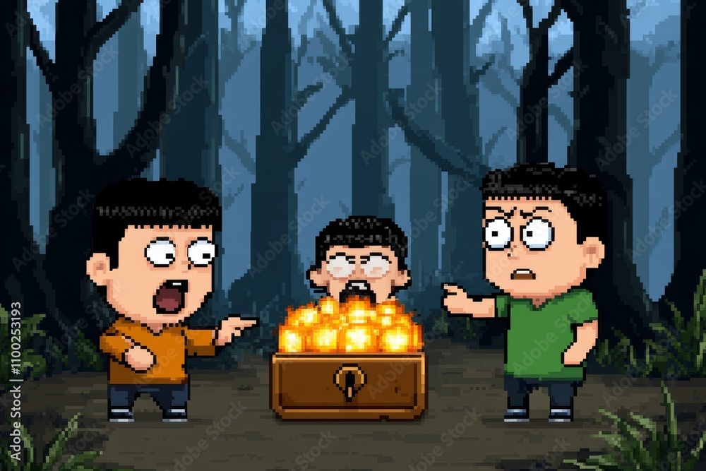 A pixel art scene of a character pointing at a glowing treasure chest