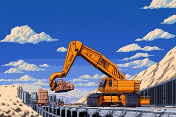 Aufkleber - A pixel art depiction of an automation line, with colorful blocky robots assembling products in a retro game aesthetic