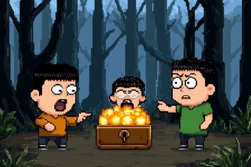 Aufkleber - A pixel art scene of a character pointing at a glowing treasure chest, with other characters looking on in a retro RPG style