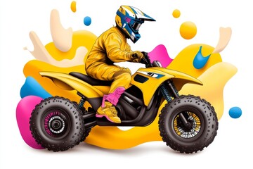 Poster - A playful 2D illustration of an ATV rider navigating a trail, with exaggerated dust clouds and vibrant colors on a white background