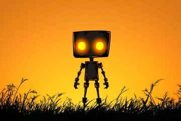 Aufkleber - A single robot silhouette with a simple boxy design, placed on a neutral gradient background in a minimalist composition