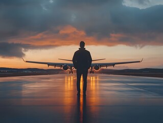 Aufkleber - Silhouetted Figure Standing in Front of Airplanes on a Runway at Sunset with Dramatic Clouds Reflecting on Wet Surface