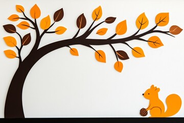 Poster - A whimsical 2D drawing of a tree shedding colorful leaves, with a small squirrel collecting acorns, all on a white backdrop