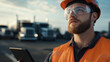 © Maksym - A fleet supervisor wearing safety goggles holds a tablet while overseeing a truck fleetâs fueling process, the industrial lot alive with activity.