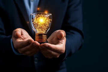 Aufkleber - A winner holding a transparent digital trophy that projects glowing financial data, set in a high-tech virtual conference environment
