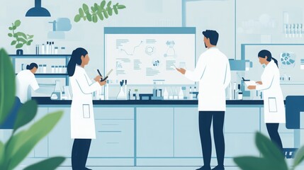 Poster - Four scientists are working in a laboratory. Three of them are standing, one at a whiteboard and two in front of a workbench, while the other scientist is working with equipment in the background.