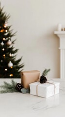 Wall Mural - Thoughtfully wrapped holiday gifts decorated with pinecones beside a Christmas tree in a cozy living room