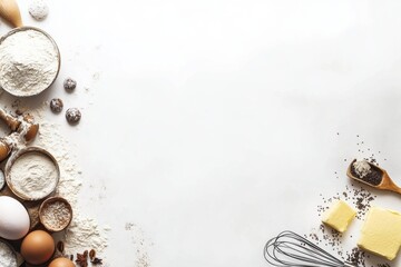 Poster - Flour, eggs, butter, and a whisk are neatly organized on a white background, leaving room for additional text or recipe notes. Generative AI