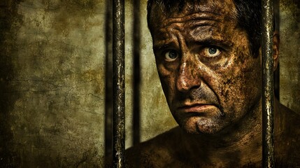 Wall Mural - A double exposure of a male figure with a distressed expression, layered over a prison cell, symbolizing limited freedom. The bars of the cell blur with his face, creating a visual contrast 