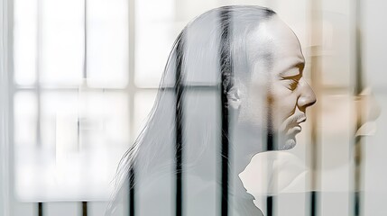 Wall Mural - A double exposure of a male figure with a distressed expression, layered over a prison cell, symbolizing limited freedom. The bars of the cell blur with his face, creating a visual contrast 