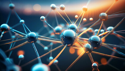Poster - A complex network of interconnected spheres and lines, representing a neural network or a molecule. Generative AI.