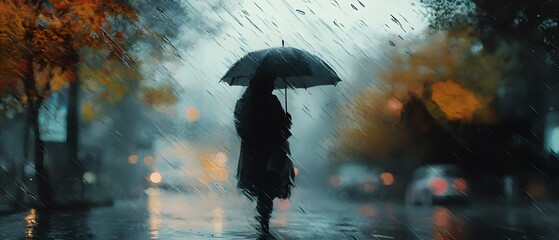 Aufkleber - A Figure with an Umbrella Walking Alone on a Rainy City Street Surrounded by Soft Glowing Lights and Reflections in the Puddles After a Rainstorm