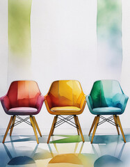 Poster - Four colorful watercolor chairs lined up against a white wall. Generative AI.