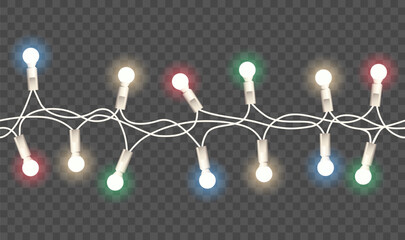Wall Mural - vector realistic glowing colorful christmas lights in seamless pattern on dark background