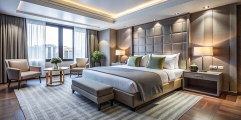 Wall Mural - Modern Hotel Room Interior Design with Plush Bed, Grey Armchairs and Striped Rug, Hotel Room, Interior Design, Bedroom, Luxury