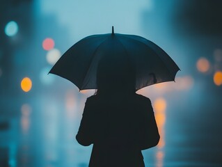 Poster - Woman Standing in the Rain with Umbrella, Surrounded by Soft Lights and Mist, Evoking a Moody and Tranquil Atmosphere of a City Nightscape