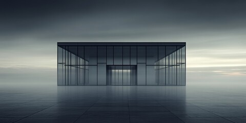Poster - A striking, minimalist glass building emerges from a foggy landscape, reflecting modern architectural aesthetics and tranquility, evoking feelings of peace and contemplation in a serene environment.