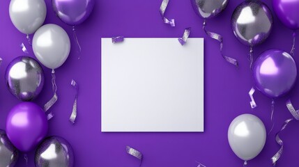 Wall Mural - Purple and silver balloon frame with shiny ribbons generative ai