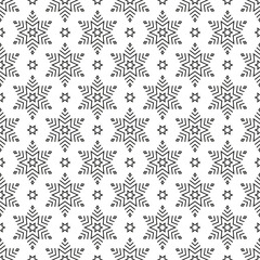 Poster - Snowflake seamless pattern. Repeating snowflakes patterns. Winter design for prints. Repeated black falling snow isolated on white background. Doodle crystal. Repeat star sketch. Vector illustration 