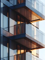 Poster - Contemporary Urban Architecture with Modern Glass Balconies Reflecting Sunset Light in a High-Rise Building for Real Estate and Design Concepts