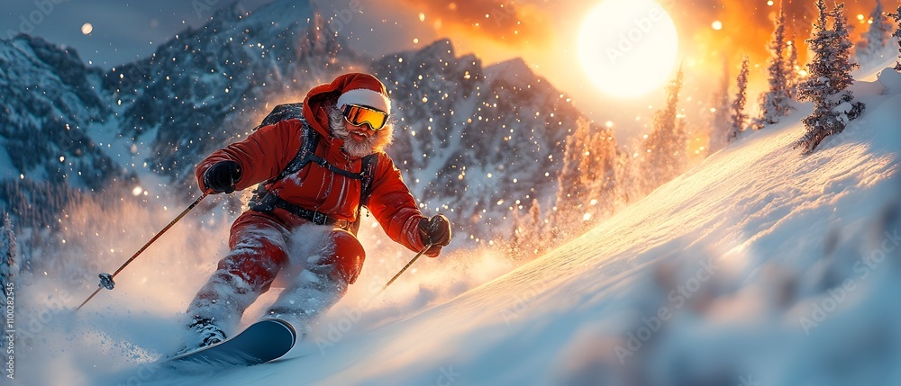 santa claus skiing down a snowy mountain slope under a glowing full ...