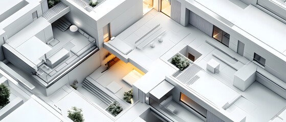 Poster - Modern Architectural Design of Minimalist Urban Living Spaces with Open Courtyards and Natural Light Featuring Sleek Lines and Contemporary Aesthetics