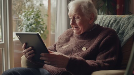 Aufkleber - An elderly man sits in a comfortable armchair, engaged with his tablet as sunlight streams through the window. He appears content while enjoying this modern technology in a cozy atmosphere.