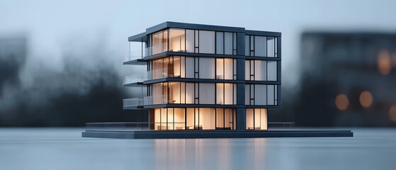Aufkleber - Modern Architectural Model of a Three-Storey Building with Brightly Illuminated Windows, Showcasing Contemporary Design Against a Blurry Urban Background
