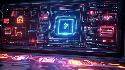 Poster - Security alert hologram with glowing business dashboard icons, system hacked 4K Video