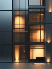 Poster - Modern Architecture with Glowing Windows at Dusk, Showcasing Sleek Glass Facade and Soft Warm Light Reflection for Contemporary Urban Living