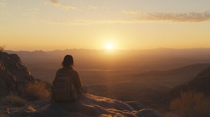 Poster - A person sits on a rocky ledge, gazing at a vibrant sunset over a vast desert valley. The warm colors of the sky reflect tranquility and beauty as day transitions to night.