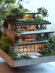 Aufkleber - Modern architectural model of a multi-level house surrounded by lush greenery showcasing contemporary design, open spaces, and natural light integration for eco-friendly living.