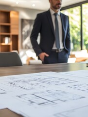 Aufkleber - Professional Architect Reviewing Blueprints in Modern Office Space with Bright Natural Light and Minimalist Furniture for Future Construction Projects